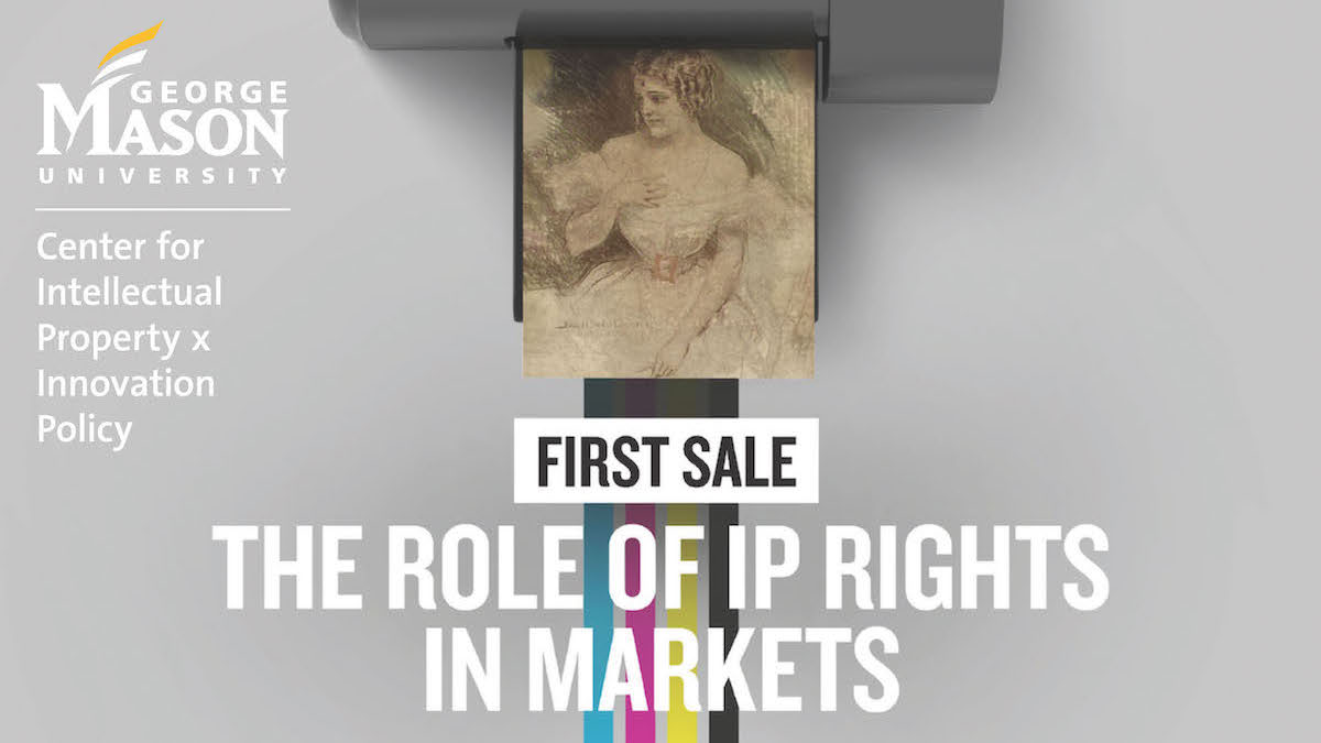 C-IP2 2023 Fall Conference on First Sale: The Role of IP Rights in Markets. Logo for the Center for Intellectual Property x Innovation Policy in upper left corner. Image is of a Lexmark printer printing Howard Chandler Christy's picture "Countess Teresa" from the cover of 1904 book The Castaway, by Hallie Erminie Rives