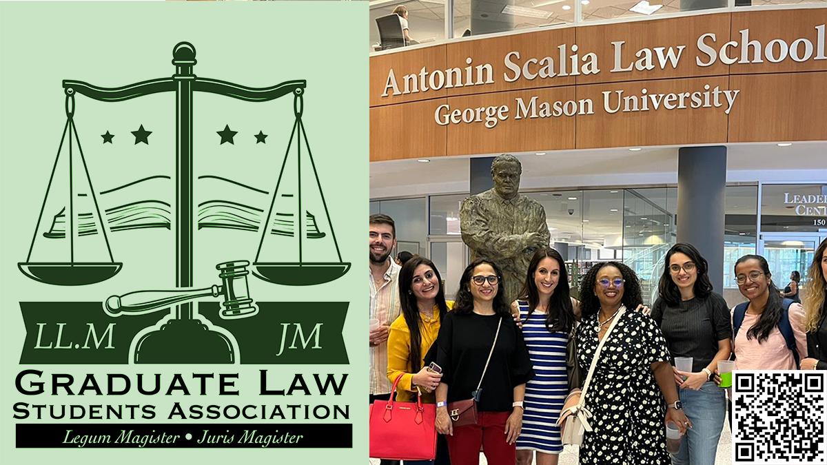 GLSA logo of scales of justices with gavel, and group picture of GLSA organization members in front of Law Library. QR Code present, code for Zoom link listed in event description.
