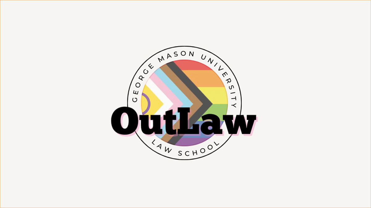 OutLaw organization logo with words George Mason University in outer circle around LGBTQ flag colors.