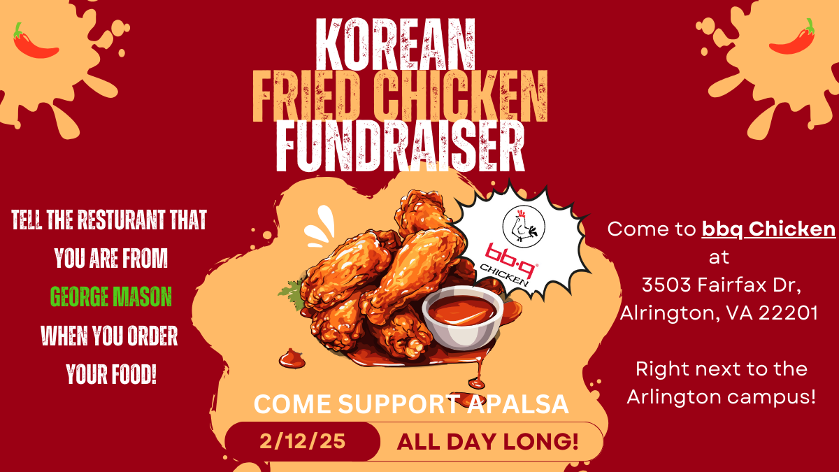 Korean Fried Chicken Fundraiser Event Information on red background with image of chicken and dipping sauce in the foreground